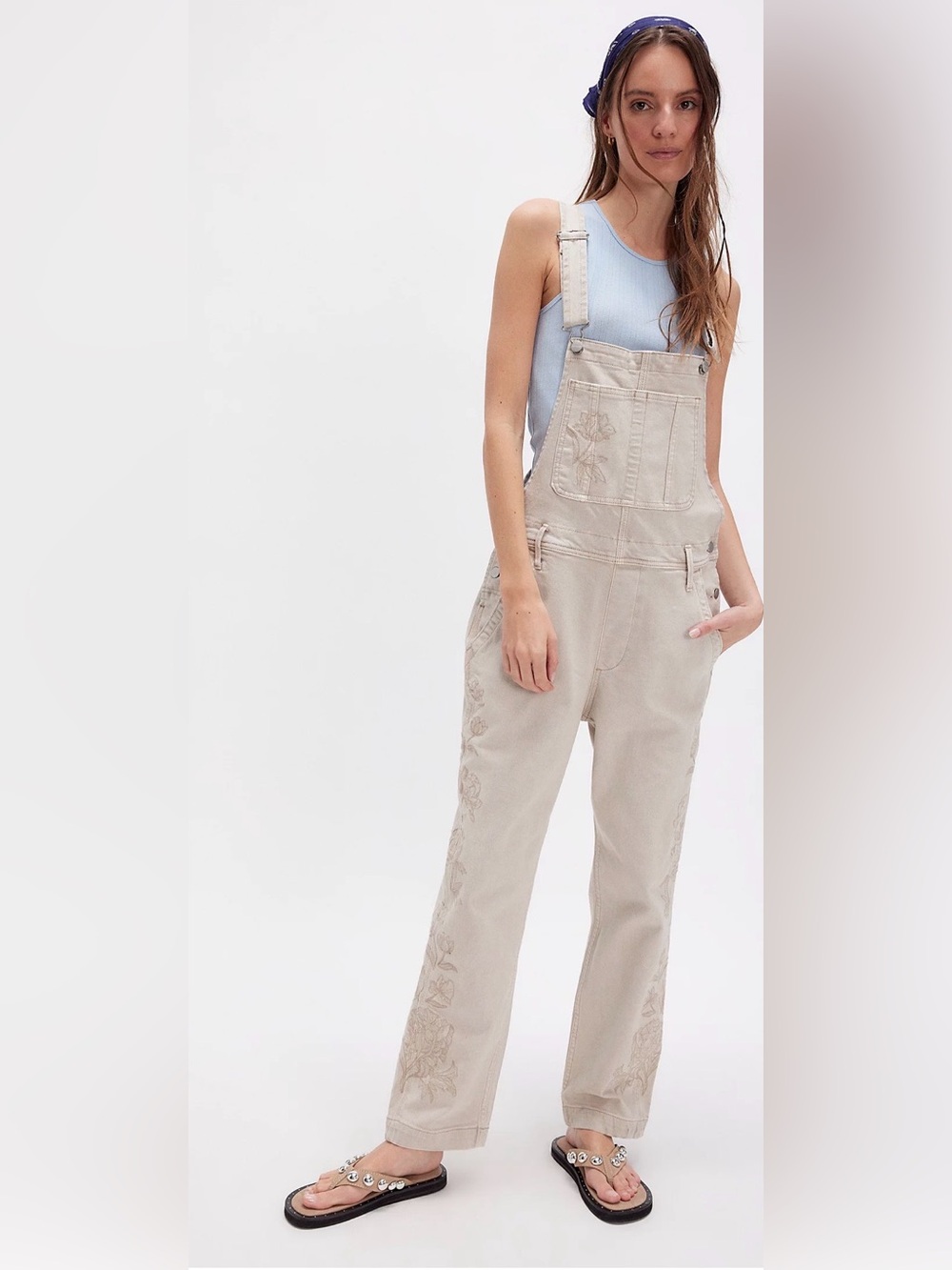 NWT Free People Driftwood Porcelain Etched Overalls Embroidered Neutral Sand XL